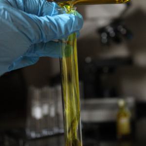 Huile d'olive versée dans un tube à essai au laboratoire